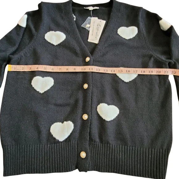 Nanette Lepore Heart Print Cardigan Black White Pearl Button XL Romantic Chic - Picture 16 of 17